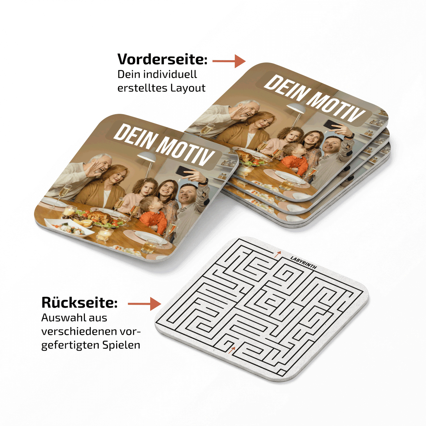 Bierdeckel | Untersetzer 9,3 cm eckig – Vorderseite gestaltbar, Rückseite mit Spielen
