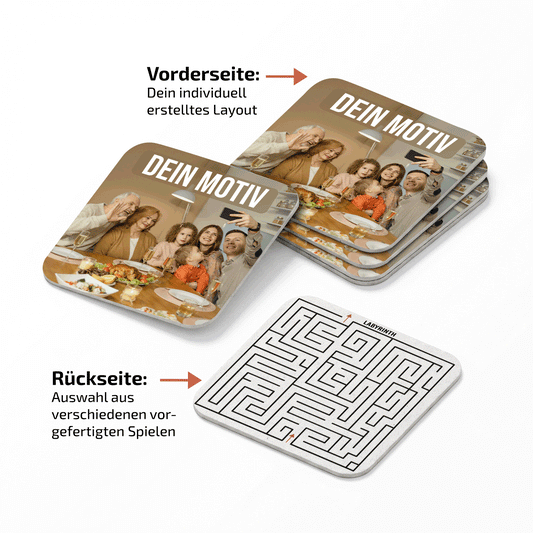 Bierdeckel | Untersetzer 9,3 cm eckig – Vorderseite gestaltbar, Rückseite mit Spielen