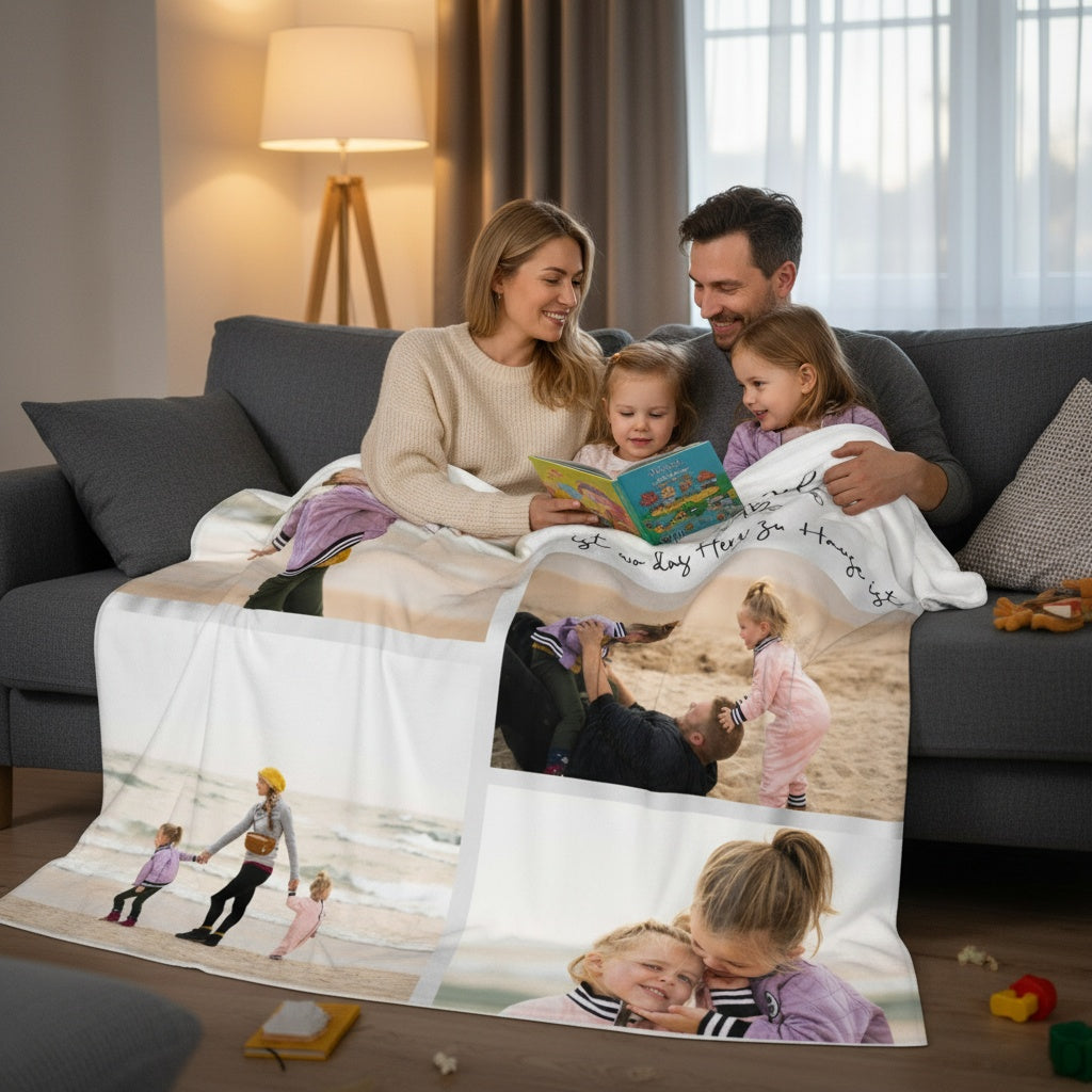 Familie kuschelt unter einer personalisierten Fotodecke